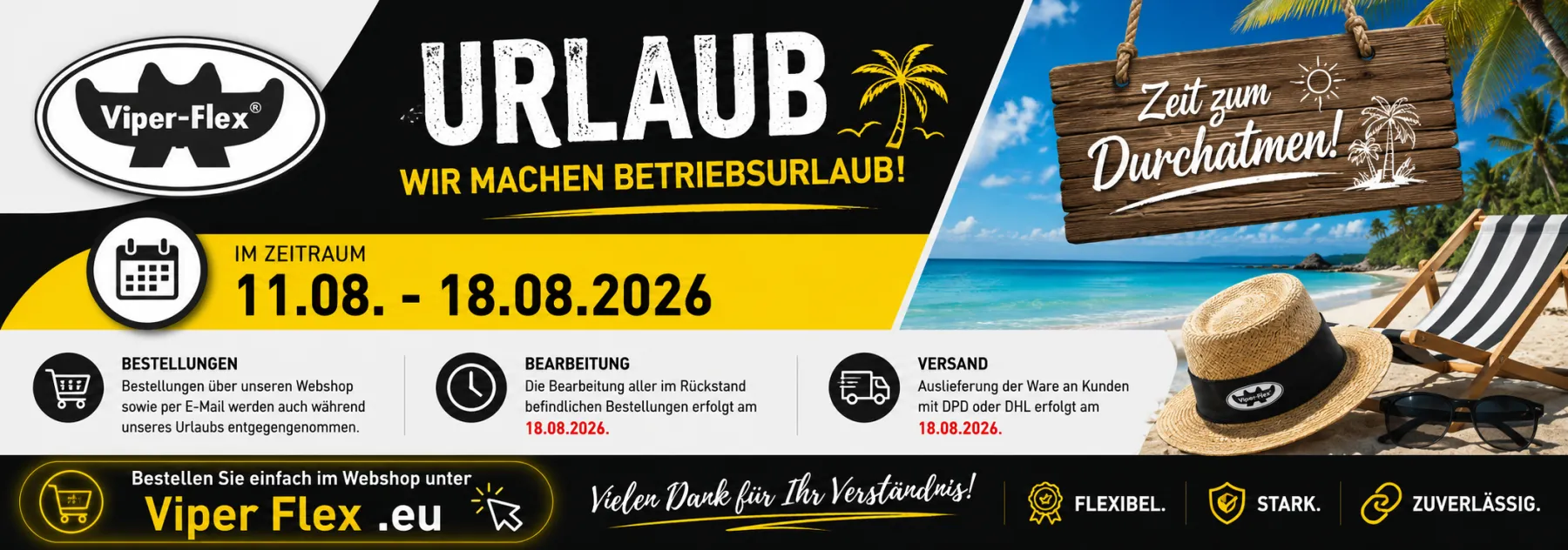 Urlaubsbanner Sommer  2026 vom 11.08.-18.08.2026